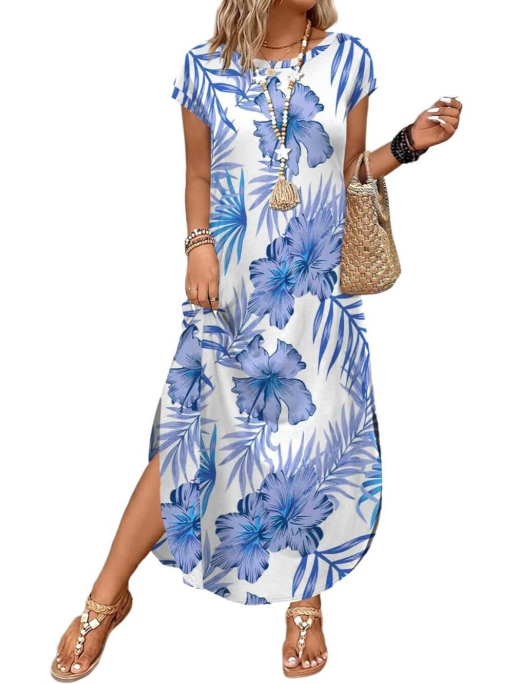 Women's Floral Blue Leaf Summer Cap Sleeve Crewneck Beach Maxi Dress with Pocket - Picture 2 of 5